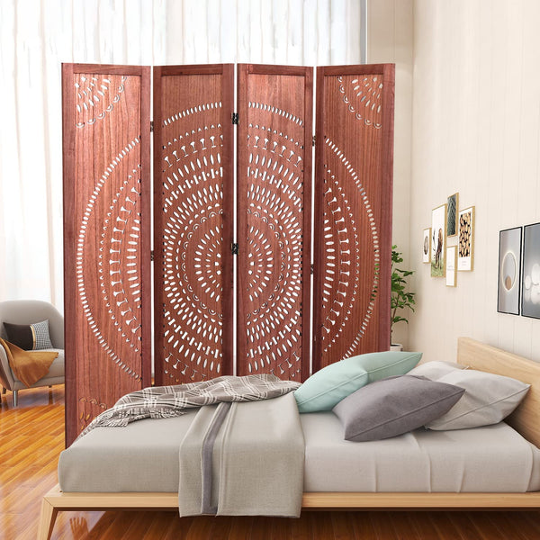 English Elm 55.2'' Solid Wood 4-Panel Folding Room Divider - Stylish Brown Privacy Screen For Any Space B205P241658