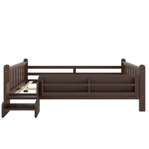 English Elm Twin Pine Floor Bed for Kids with Side Bookcases Built-in Stairs and Safety Guardrails Espresso W1580P390226