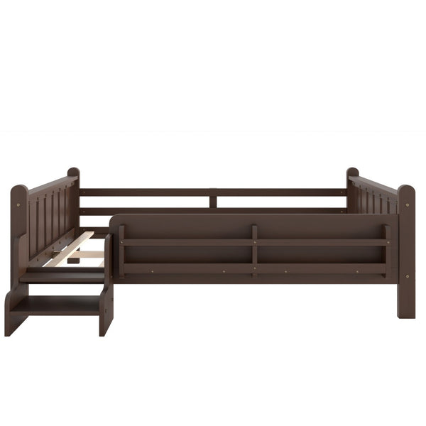 English Elm Twin Pine Floor Bed for Kids with Side Bookcases Built-in Stairs and Safety Guardrails Espresso W1580P390226