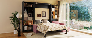 English Elm Queen Murphy Wall Bed with Velvet Sofa Built in Shelves Cabinets and Reading Lights Black LP000393AAB