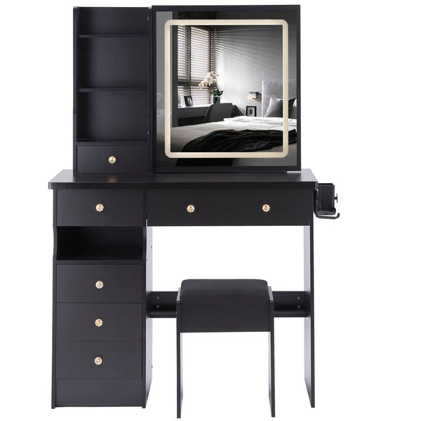 English Elm 37" Vanity Table Set with Led Mirror Stool Built-in Outlets and Hair Dryer Storage Black W3258P448840