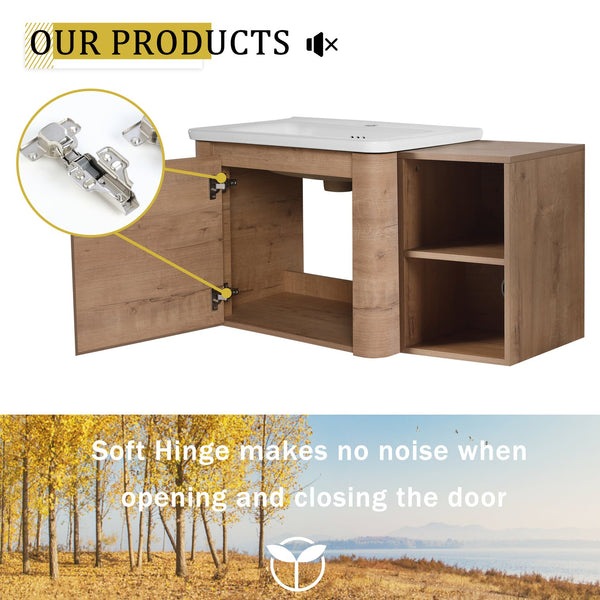 English Elm 36'' 36" Wall-Mounted Vanity with White Ceramic Sink, Plywood Shelves, Soft-Close Door & Rounded Edges W999S00379