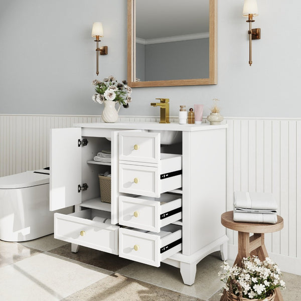 English Elm 35.6" Freestanding Bathroom Vanity with Roman Column Base and Ceramic Integrated Sink White W1801S00003