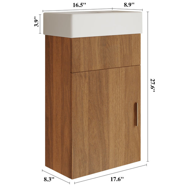 English Elm 16.5 Inch Floating Bathroom Vanity Wall Mounted Ceramic Basin Soft Close Door W3136S00033