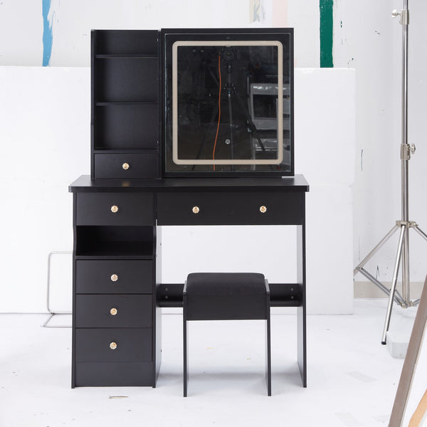 English Elm 37" Elegant Desktop Vanity Table Set With Cushioned Stool, Led Touch Mirror & Ample Storage Solutions W3258P293193