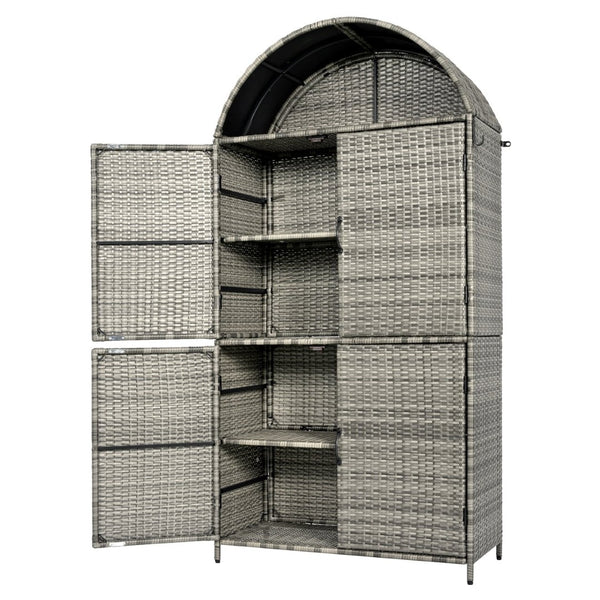 English Elm K&k Tall Arched Pe Rattan Outdoor Storage Cabinet with Adjustable Shelves and Steel Frame Grey N707P420158G