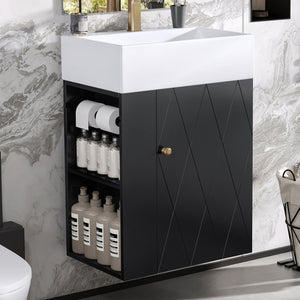 English Elm 20 Modern Wall-Mounted Bathroom Vanity with Ceramic Sink, Diamond Door, Gold Handles & Shelves — Compact Black N725P314033B