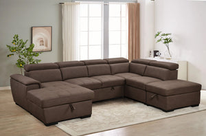 English Elm 128"Sofa U-Shaped Sectional with Pull-Out Bed, Storage Chaises, Adjustable Headrests for Comfort Dark Brown W1417S00087