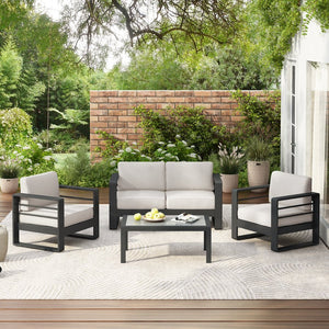 English Elm Christopher Knight Home® - MAYA 4pc Outdoor Patio Aluminum Chat Set in Matte Black with Plush Beige UV-Resistant Cushions, Glass Top MAYA4PCSETBG