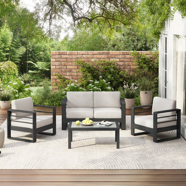 English Elm Christopher Knight Home® - MAYA 4pc Outdoor Patio Aluminum Chat Set in Matte Black with Plush Beige UV-Resistant Cushions, Glass Top MAYA4PCSETBG