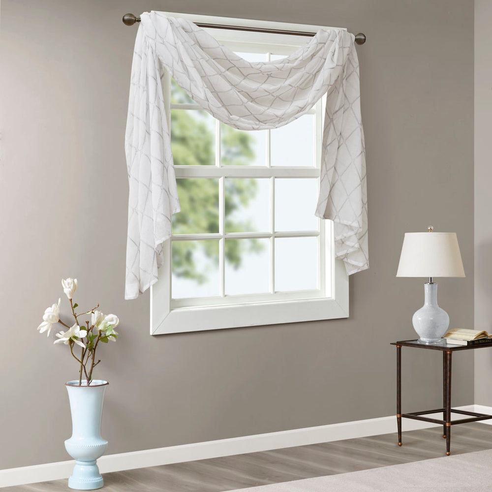 JLA Home Madison Park - Diamond Sheer Embroidered Window Scarf Enhances Light with Airy Diamond Motif for Elegant Layering White/Grey MP40-4946