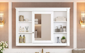 English Elm 42'' Wall Mount Medicine Cabinet White Mdf Mirror Door Six Open Shelves Towel Rod N710P363544K