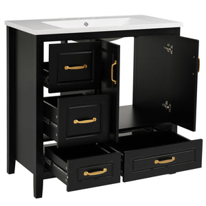 English Elm Christopher Knight Home® - 36" Freestanding Bathroom Vanity with Resin Sink, Soft-Close Doors & Drawers, Gold Alloy Handles, Spacious Storage and Easy Plumbing Access Black N759P292552B