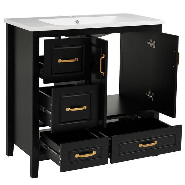 English Elm Christopher Knight Home® - 36" Freestanding Bathroom Vanity with Resin Sink, Soft-Close Doors & Drawers, Gold Alloy Handles, Spacious Storage and Easy Plumbing Access Black N759P292552B