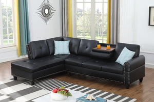 English Elm Black Faux Leather L Shaped Sectional with Cup Holders Nailhead Trim Storage Black B2730S00026