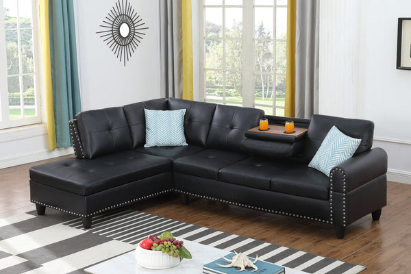 English Elm Black Faux Leather L Shaped Sectional with Cup Holders Nailhead Trim Storage Black B2730S00026
