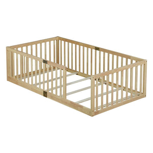 English Elm Twin House Frame Floor Bed Rubberwood with Roof Canopy and Safety Rails for Kids Natural W504P429531