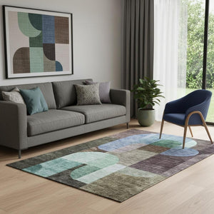 HomeRoots 5' X 8' Vibrant Brown Blue Green Abstract Geometric Area Rug – Washable, UV Protected, Stain Resistant 685248