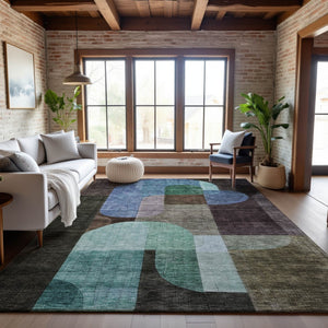 HomeRoots 5' X 8' Vibrant Brown Blue Green Abstract Geometric Area Rug – Washable, UV Protected, Stain Resistant 685248