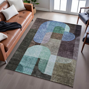 HomeRoots 5' X 8' Vibrant Brown Blue Green Abstract Geometric Area Rug – Washable, UV Protected, Stain Resistant 685248