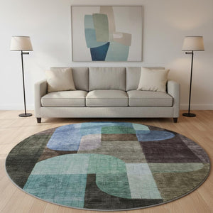 HomeRoots 8' Abstract Geometric Round Rug in Brown, Blue & Green - UV-Protected, Stain-Resistant & Durable 685249