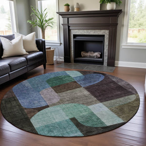HomeRoots 8' Abstract Geometric Round Rug in Brown, Blue & Green - UV-Protected, Stain-Resistant & Durable 685249