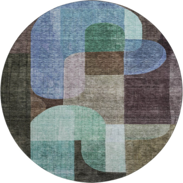 HomeRoots 8' Abstract Geometric Round Rug in Brown, Blue & Green - UV-Protected, Stain-Resistant & Durable 685249