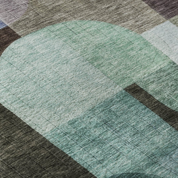 HomeRoots 8' Abstract Geometric Round Rug in Brown, Blue & Green - UV-Protected, Stain-Resistant & Durable 685249