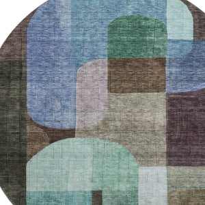 HomeRoots 8' Abstract Geometric Round Rug in Brown, Blue & Green - UV-Protected, Stain-Resistant & Durable 685249