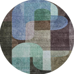 HomeRoots 8' Abstract Geometric Round Rug in Brown, Blue & Green - UV-Protected, Stain-Resistant & Durable 685249