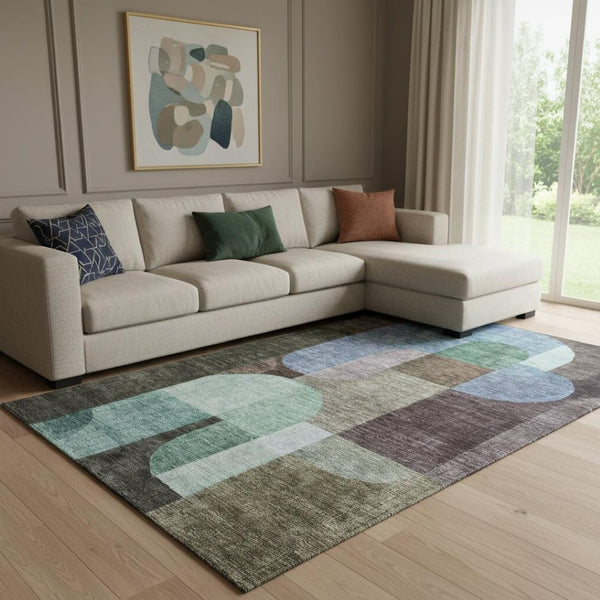 HomeRoots 8' X 10' Stunning Abstract Geometric Area Rug in Brown, Blue & Green – Washable & UV Protected! 685250
