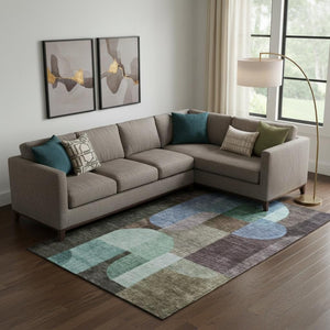 HomeRoots 9' X 12' Washable Abstract Geometric Area Rug - Brown, Blue & Green with UV Protection for Durability 685251