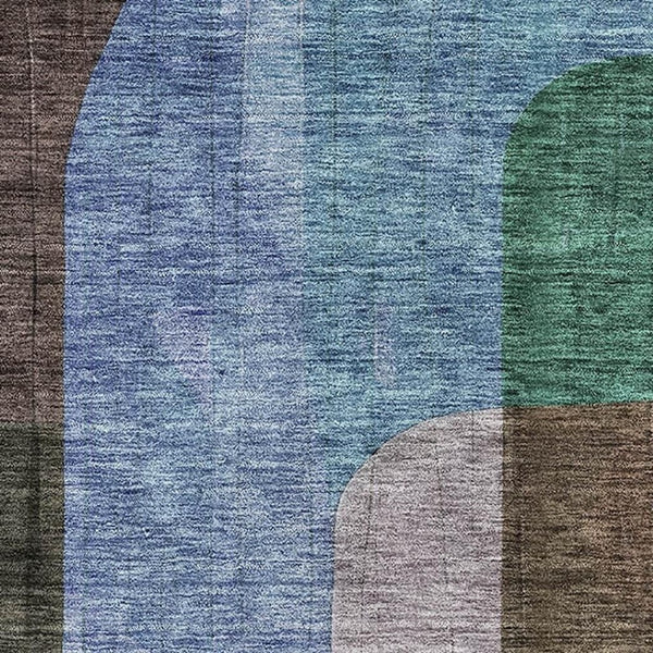 HomeRoots 9' X 12' Washable Abstract Geometric Area Rug - Brown, Blue & Green with UV Protection for Durability 685251