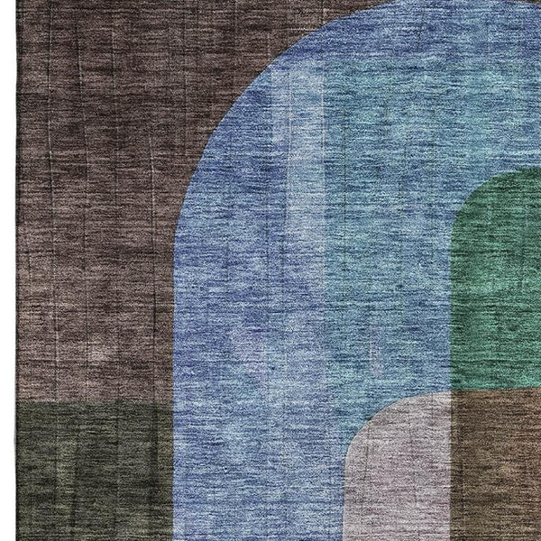 HomeRoots 9' X 12' Washable Abstract Geometric Area Rug - Brown, Blue & Green with UV Protection for Durability 685251