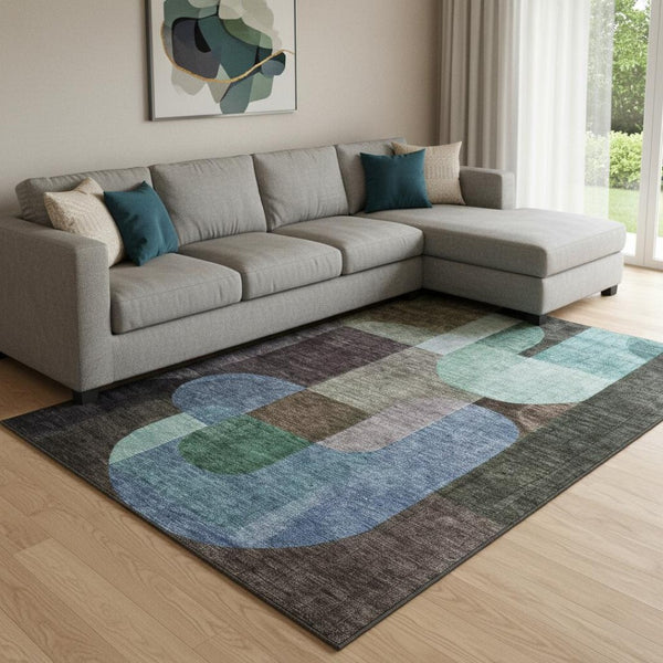 HomeRoots 10' Abstract Geometric Washable Area Rug in Brown, Blue & Green - UV Protected for Easy Care & Style 685252