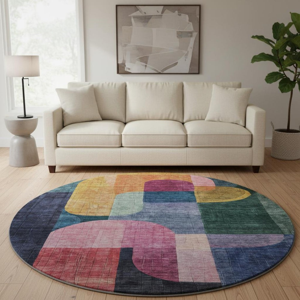 HomeRoots 8' Colorful Abstract Geometric Round Rug – Washable, UV-Protected, Durable for Kids & Pets, Stylish Decor 685255