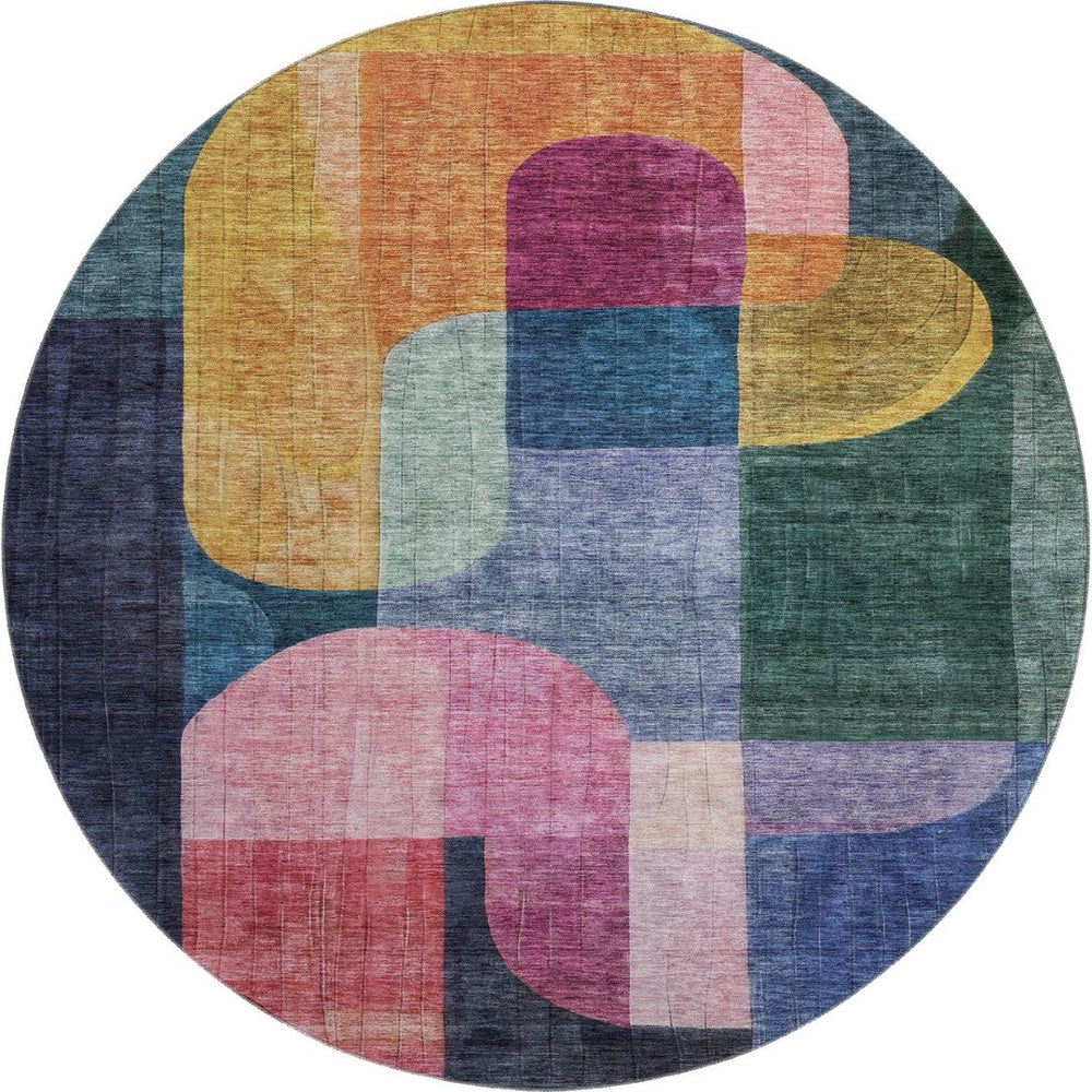 HomeRoots 8' Colorful Abstract Geometric Round Rug – Washable, UV-Protected, Durable for Kids & Pets, Stylish Decor 685255