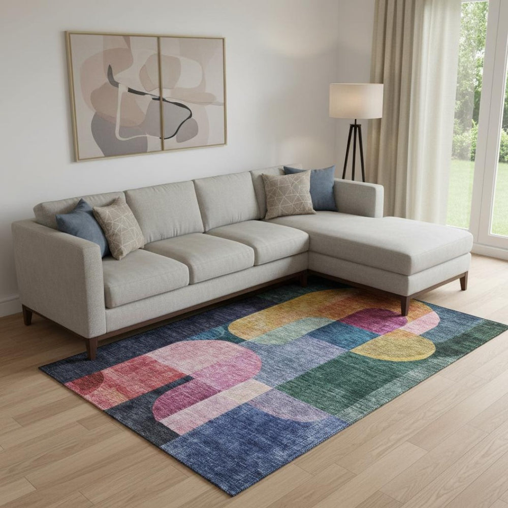 HomeRoots 9' X 12' Washable Abstract Geometric Area Rug in Green, Blue & Pink - Durable, UV-Protected Design! 685257
