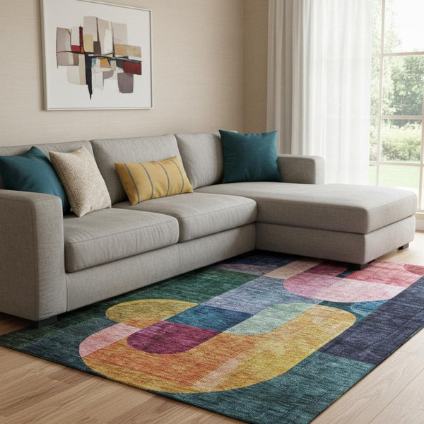 HomeRoots 10' Modern Abstract Geometric Area Rug in Green, Blue & Pink – Washable, UV Protected & Stain Resistant! 685258