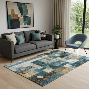 HomeRoots 5' X 8' Teal Brown Ivory Geometric Area Rug - Washable, UV-Protected, Stylish & Durable Floor Covering 685260