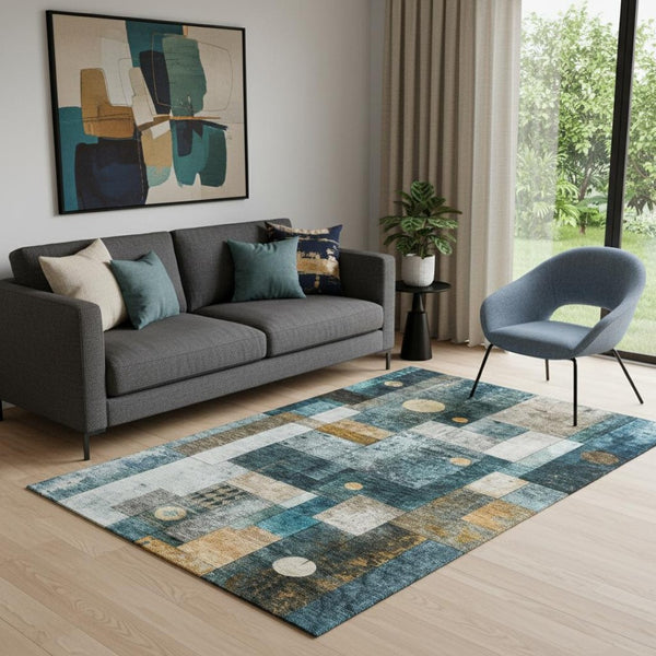 HomeRoots 5' X 8' Teal Brown Ivory Geometric Area Rug - Washable, UV-Protected, Stylish & Durable Floor Covering 685260