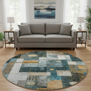 HomeRoots 8' Teal Brown Ivory Geometric Round Rug – Washable, Durable, UV-Protected, Perfect for Family Spaces! 685261