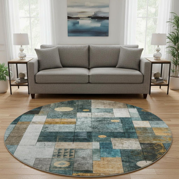 HomeRoots 8' Teal Brown Ivory Geometric Round Rug – Washable, Durable, UV-Protected, Perfect for Family Spaces! 685261