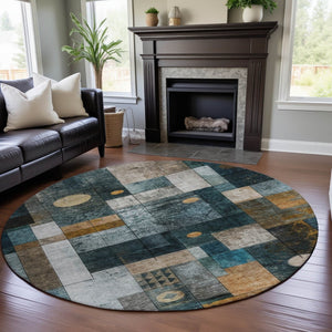 HomeRoots 8' Teal Brown Ivory Geometric Round Rug – Washable, Durable, UV-Protected, Perfect for Family Spaces! 685261