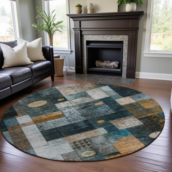 HomeRoots 8' Teal Brown Ivory Geometric Round Rug – Washable, Durable, UV-Protected, Perfect for Family Spaces! 685261