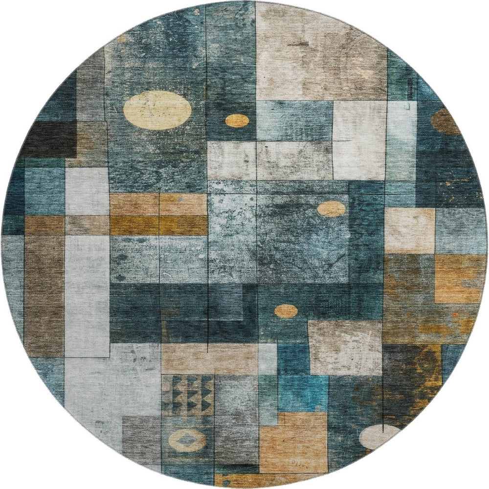 HomeRoots 8' Teal Brown Ivory Geometric Round Rug – Washable, Durable, UV-Protected, Perfect for Family Spaces! 685261