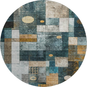 HomeRoots 8' Teal Brown Ivory Geometric Round Rug – Washable, Durable, UV-Protected, Perfect for Family Spaces! 685261