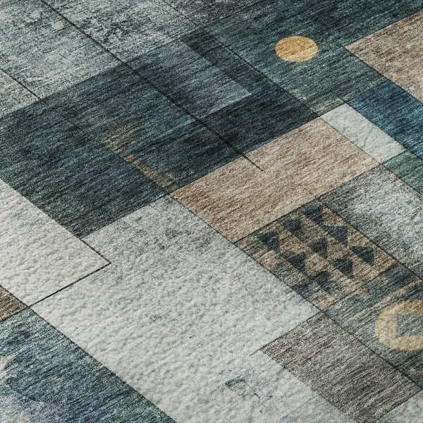 HomeRoots 8' Teal Brown Ivory Geometric Round Rug – Washable, Durable, UV-Protected, Perfect for Family Spaces! 685261