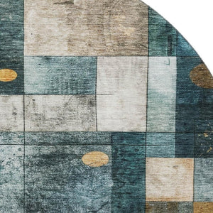 HomeRoots 8' Teal Brown Ivory Geometric Round Rug – Washable, Durable, UV-Protected, Perfect for Family Spaces! 685261