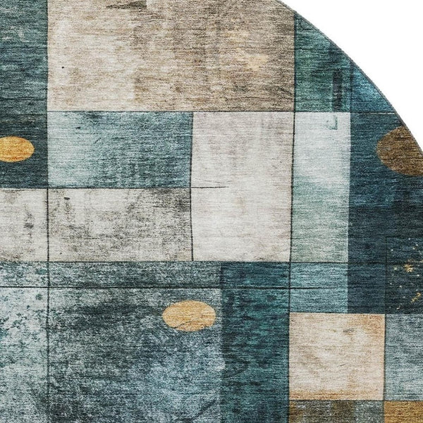 HomeRoots 8' Teal Brown Ivory Geometric Round Rug – Washable, Durable, UV-Protected, Perfect for Family Spaces! 685261